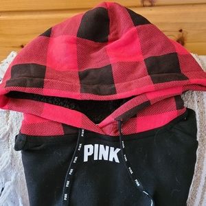 { PINK } Buffalo check sherpa hood hoodie XS